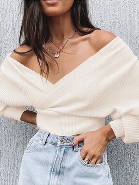 Women's Cream Off-Shoulder Ribbed long sleeve top